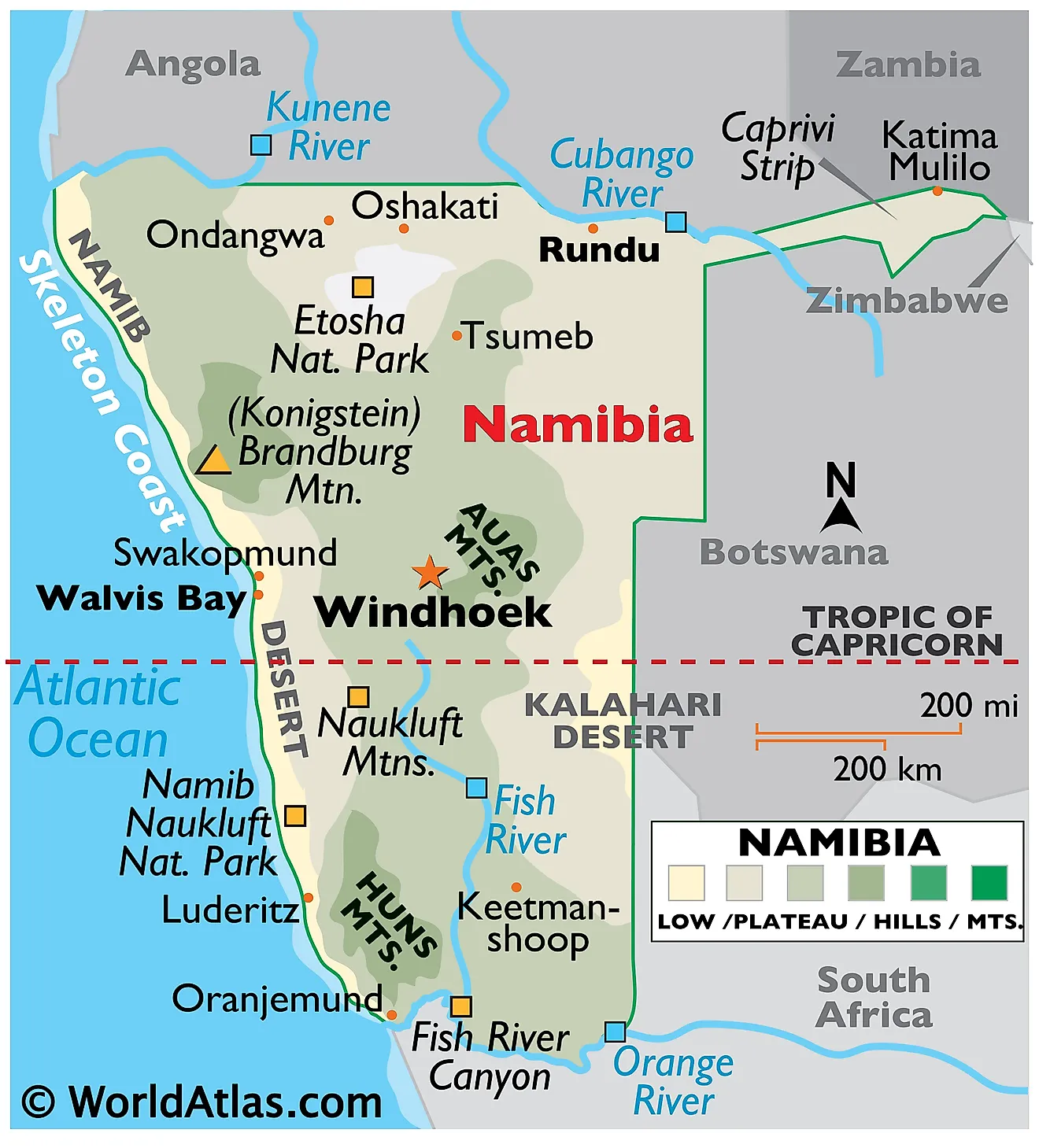 Physical Map of Namibia showing the relief of the country and major physical features like deserts, mountains, rivers, relative location of major cities, and more.