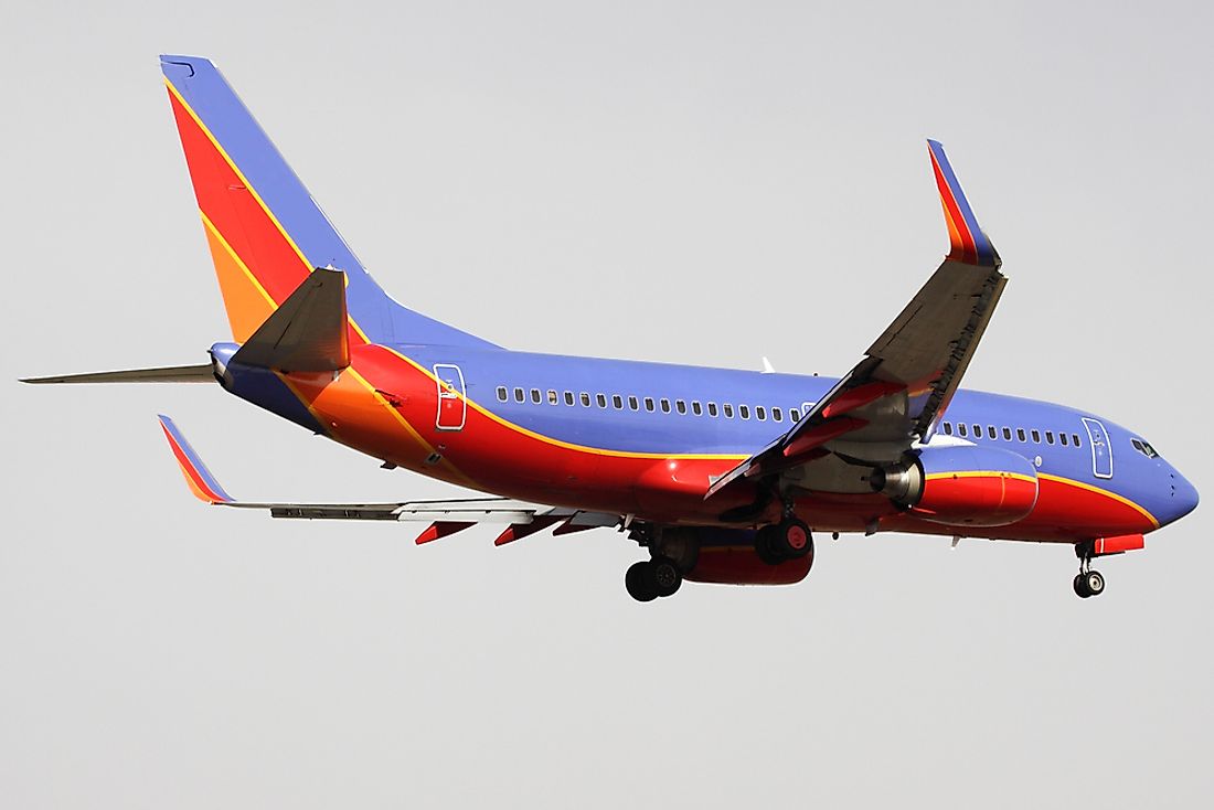 An airplane featuring the iconic colors of Southwest Airlines. 
