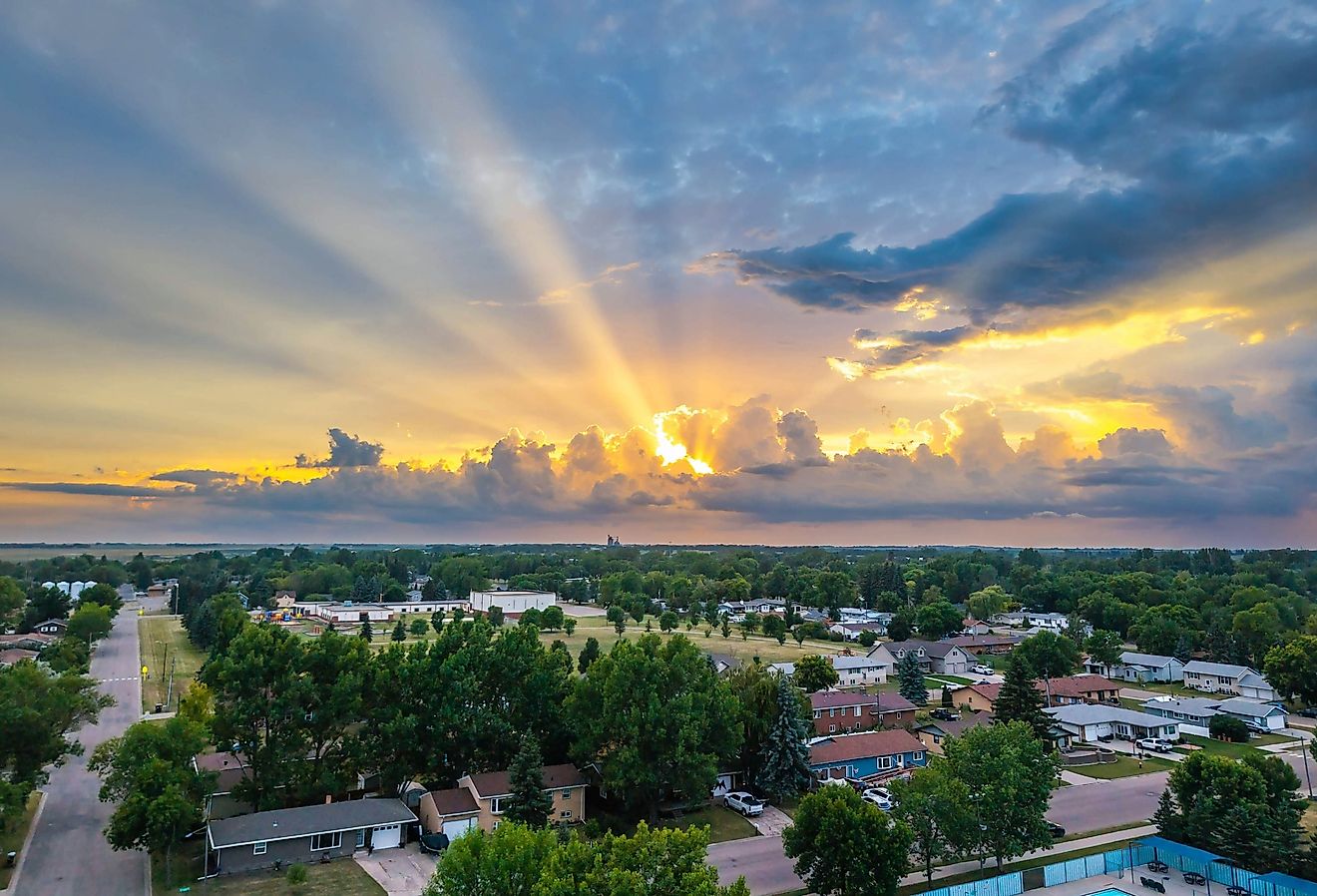 An expansive aerial perspective captures the charming town of Devils Lake, North Dakota