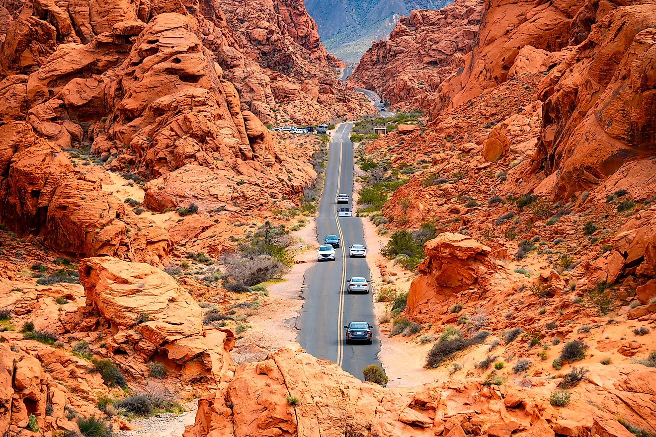 The road through the breathtaking landscape of the Valley of Fire State Park in Nevada.