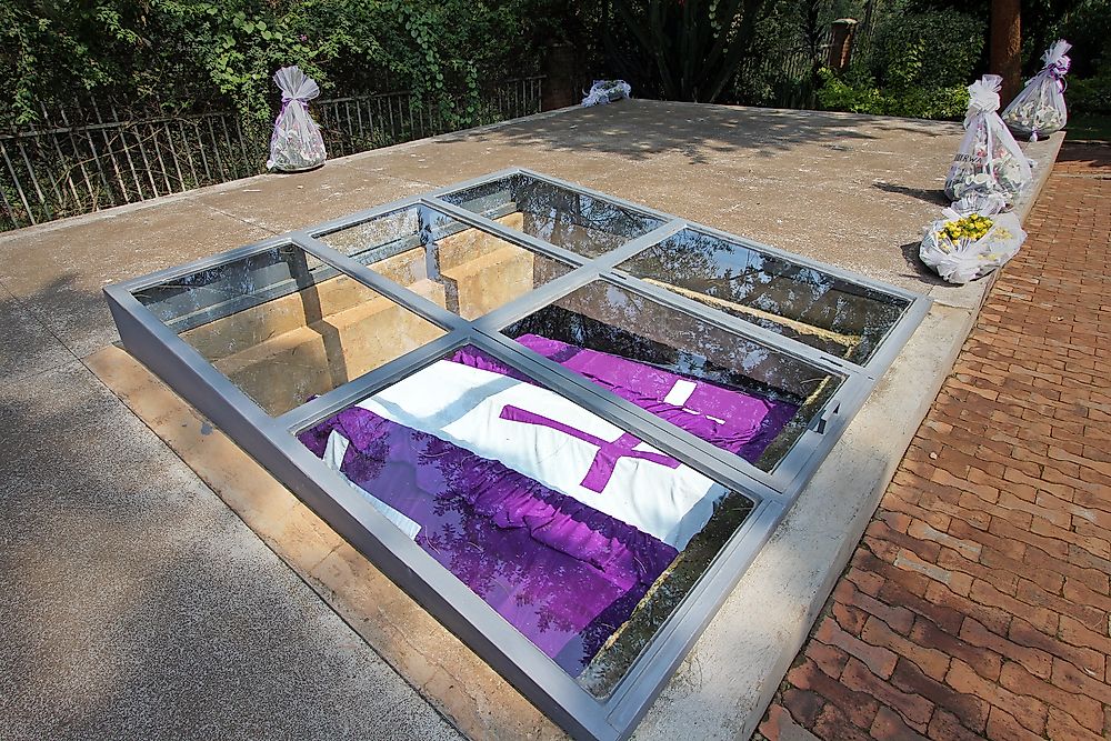 View of an open tomb at the Rwandan Genocide Memorial in Kigali, Rwanda.