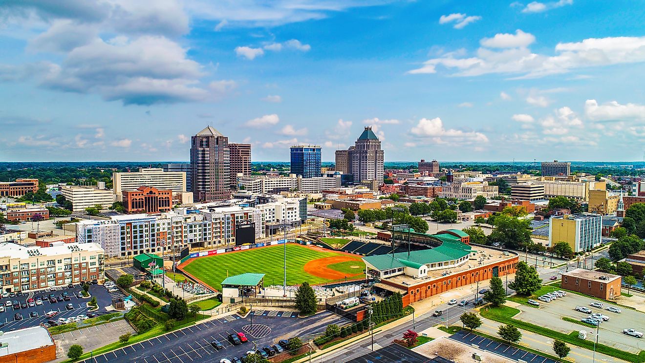 Drone Aerial of Downtown Greensboro North Carolina NC Skyline