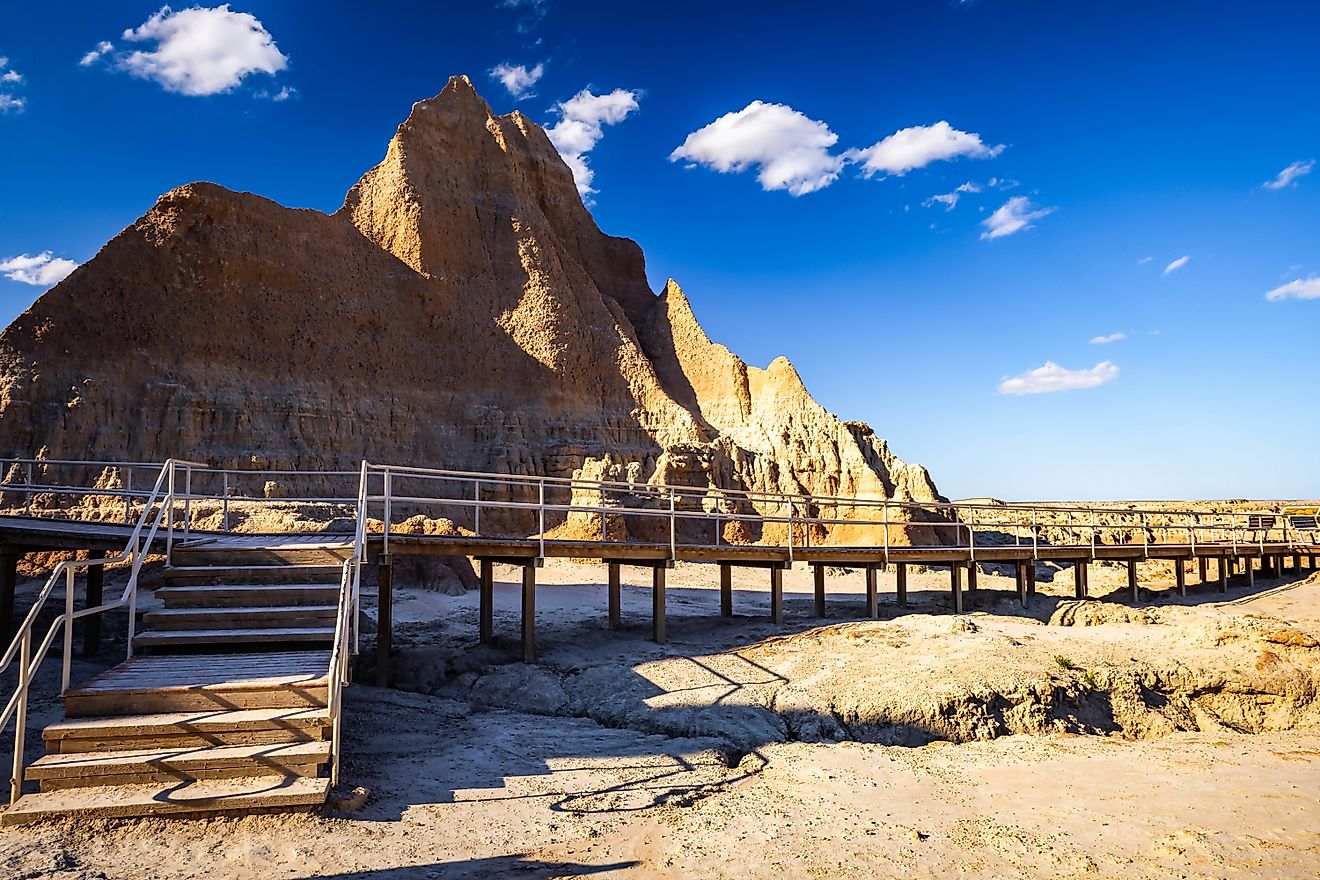 Eroded rock formation peaks along the Door Trail at Badlands National Park.