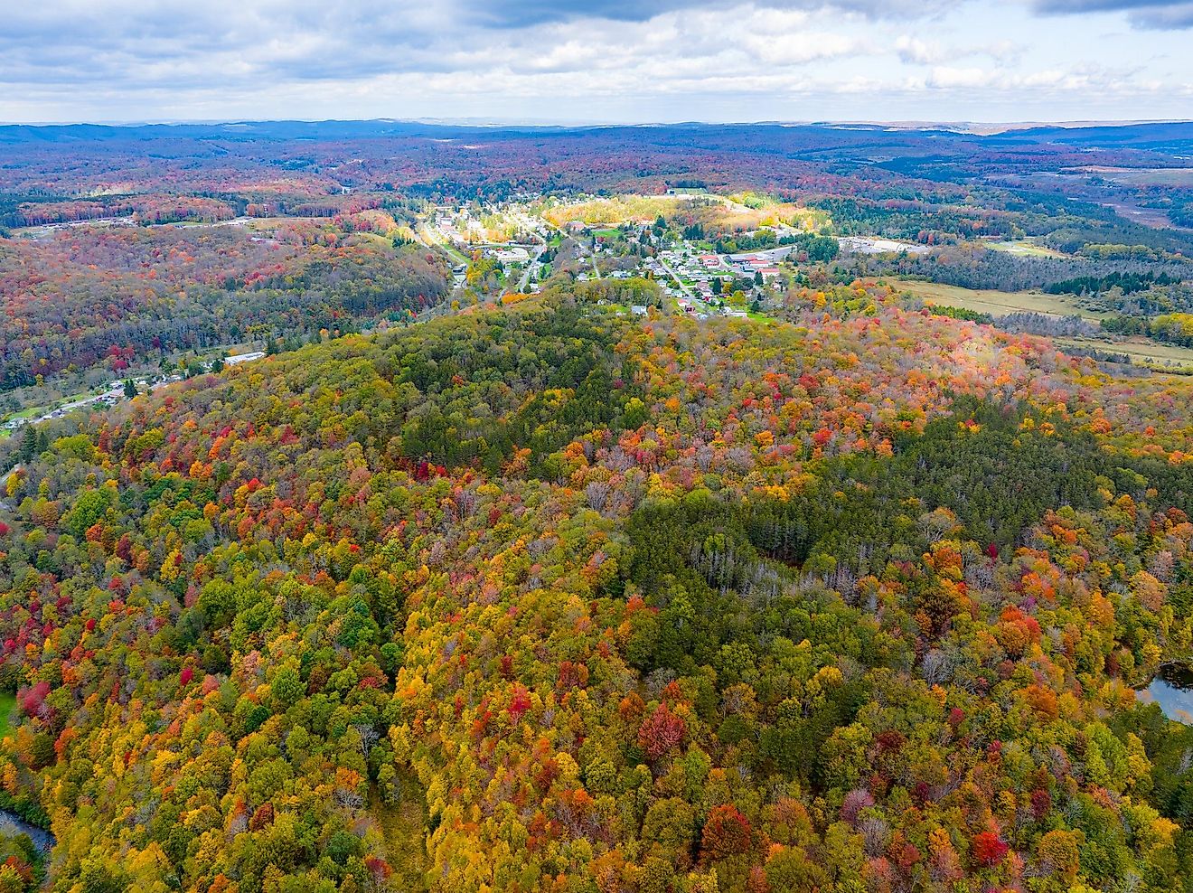 An aerial view of Thomas, West Virginia, in autumn.