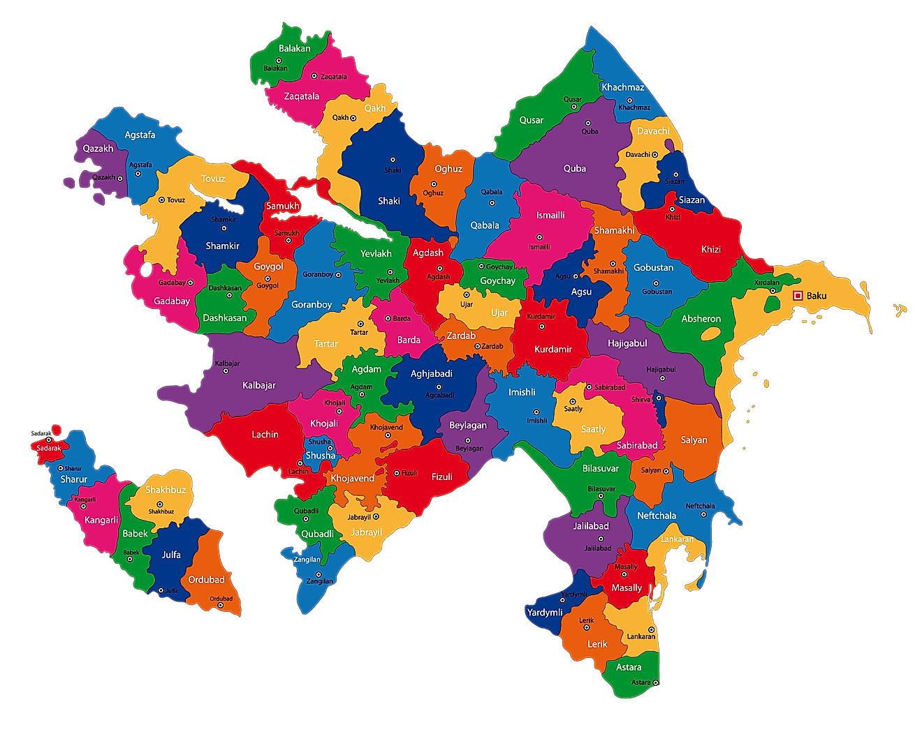 Mapa político de Azerbaiyán que muestra los 66 rayones y 11 ciudades, incluida la capital nacional de Bakú.