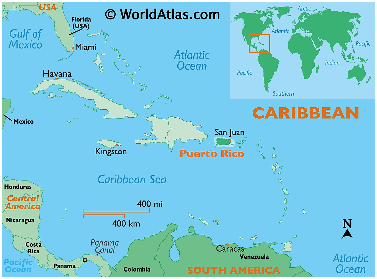 Mapa que muestra la ubicación de Puerto Rico en el mundo.