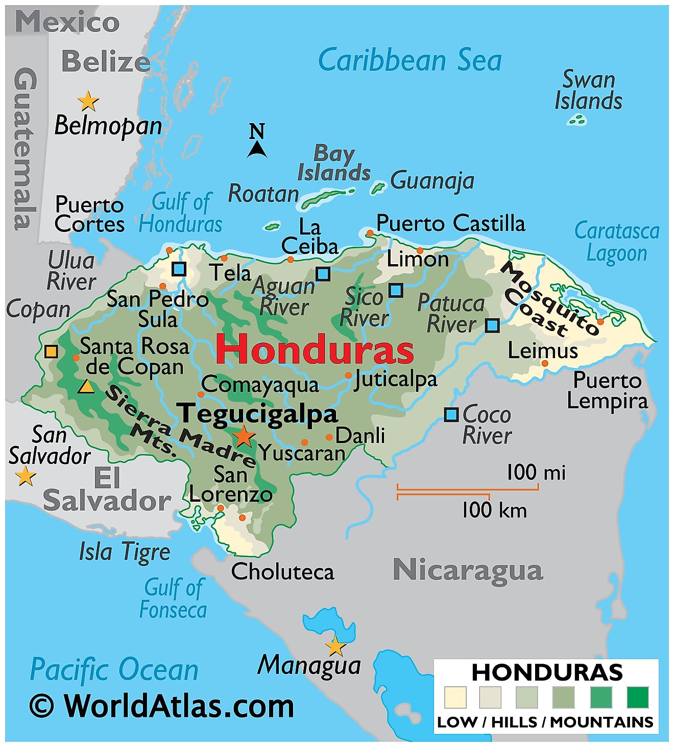 Mapa físico de Honduras que muestra el terreno, las montañas de la Sierra Madre, el punto más alto, la costa de los mosquitos, los ríos, las principales ciudades, las fronteras internacionales, etc.
