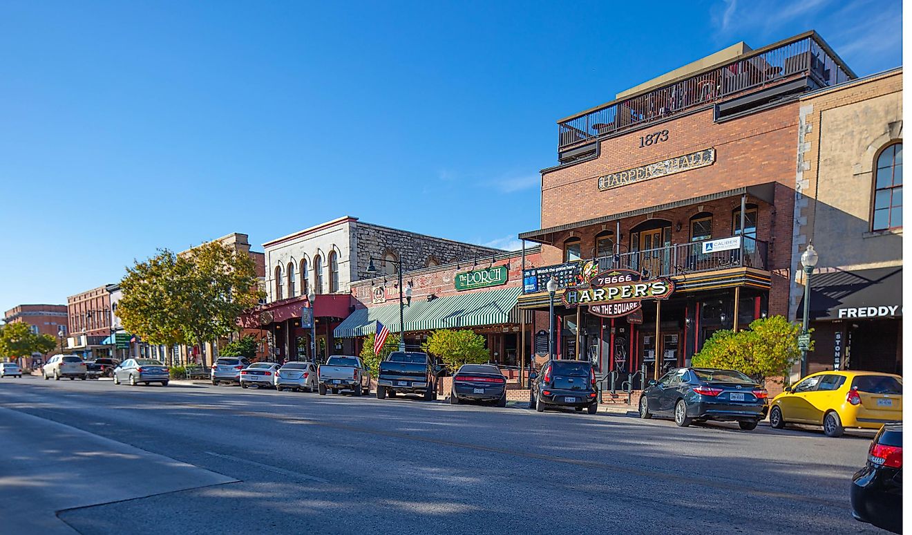 San Marcos, Texas, USA - November 3, 2020: The old shops at San Antonio St