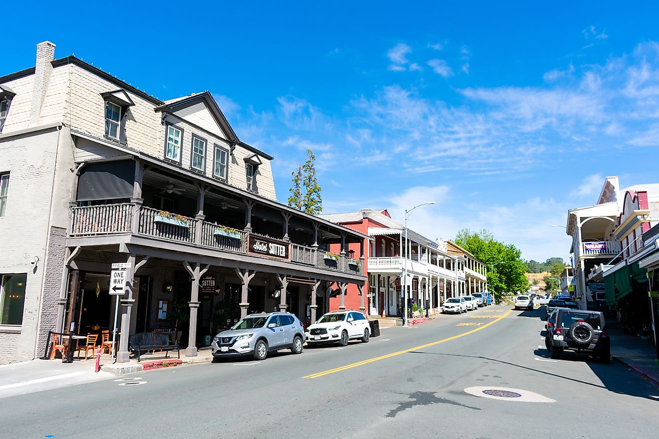 The downtown area of Sutter Creek, California, with hotels and local businesses. 