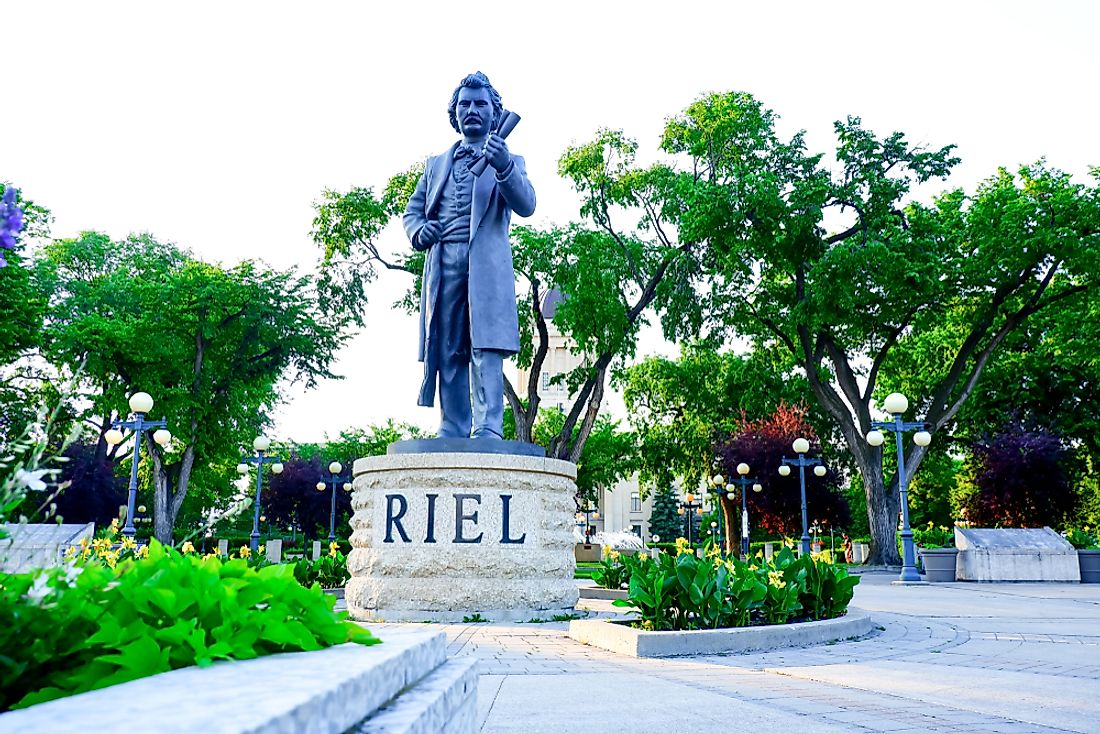 Statue of Metis leader Louis Riel in the gardens of the Manitoba Legislative Building. Editorial credit: Siriphoto87 / Shutterstock.com