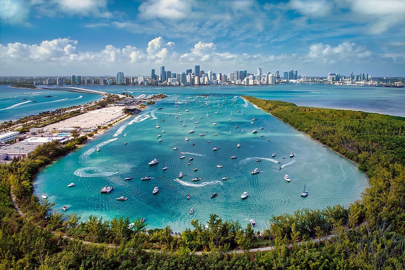 Aerial view of Biscayne Bay and Miami skyline from Virginia Key. 