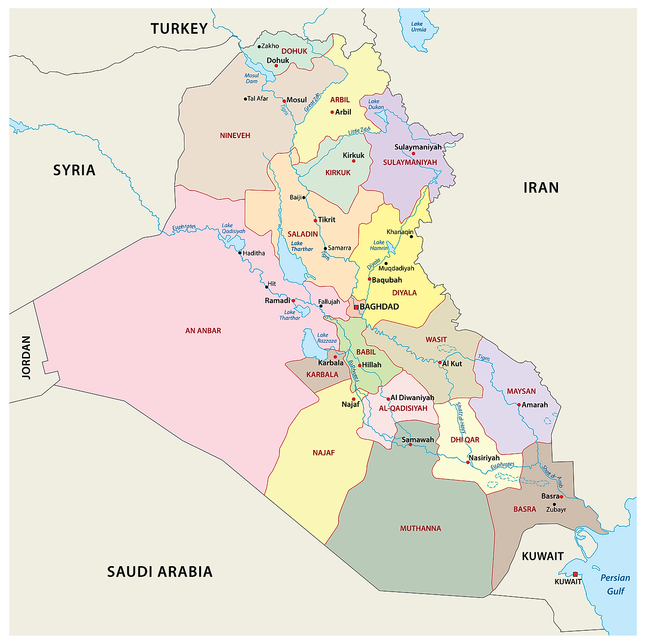 Political Map of Iraq showing the 18 governorates, their capital cities, and the national capital of Baghdad.