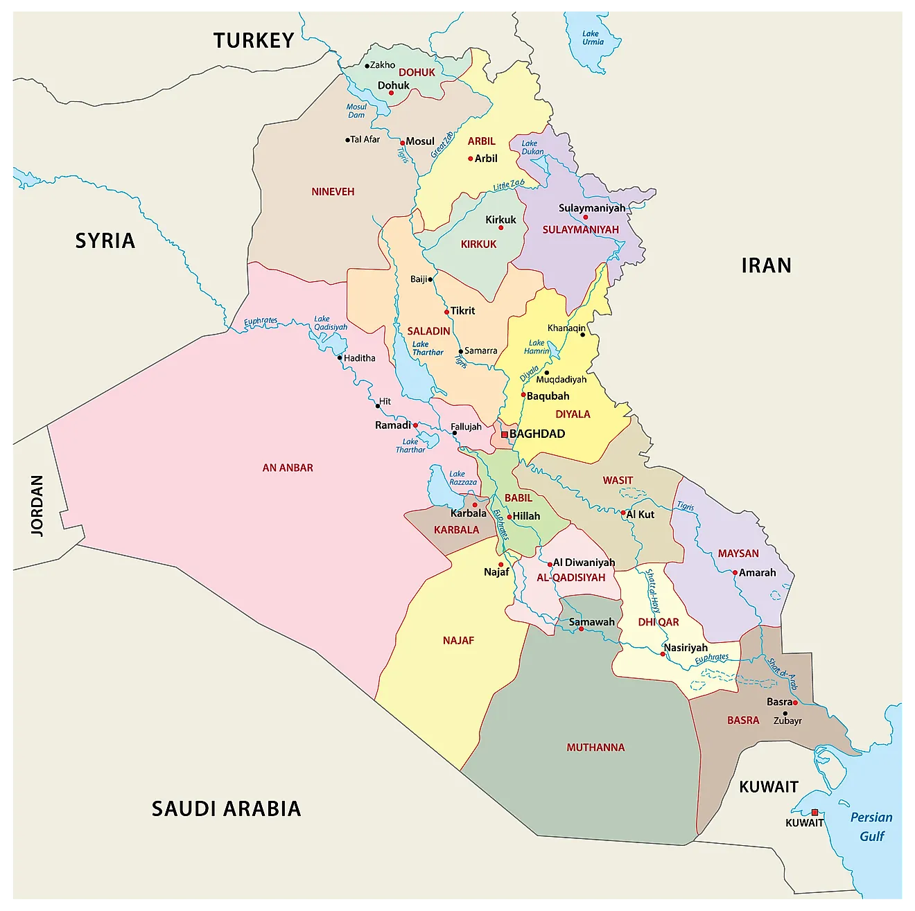 Political Map of Iraq showing the 18 governorates, their capital cities, and the national capital of Baghdad.