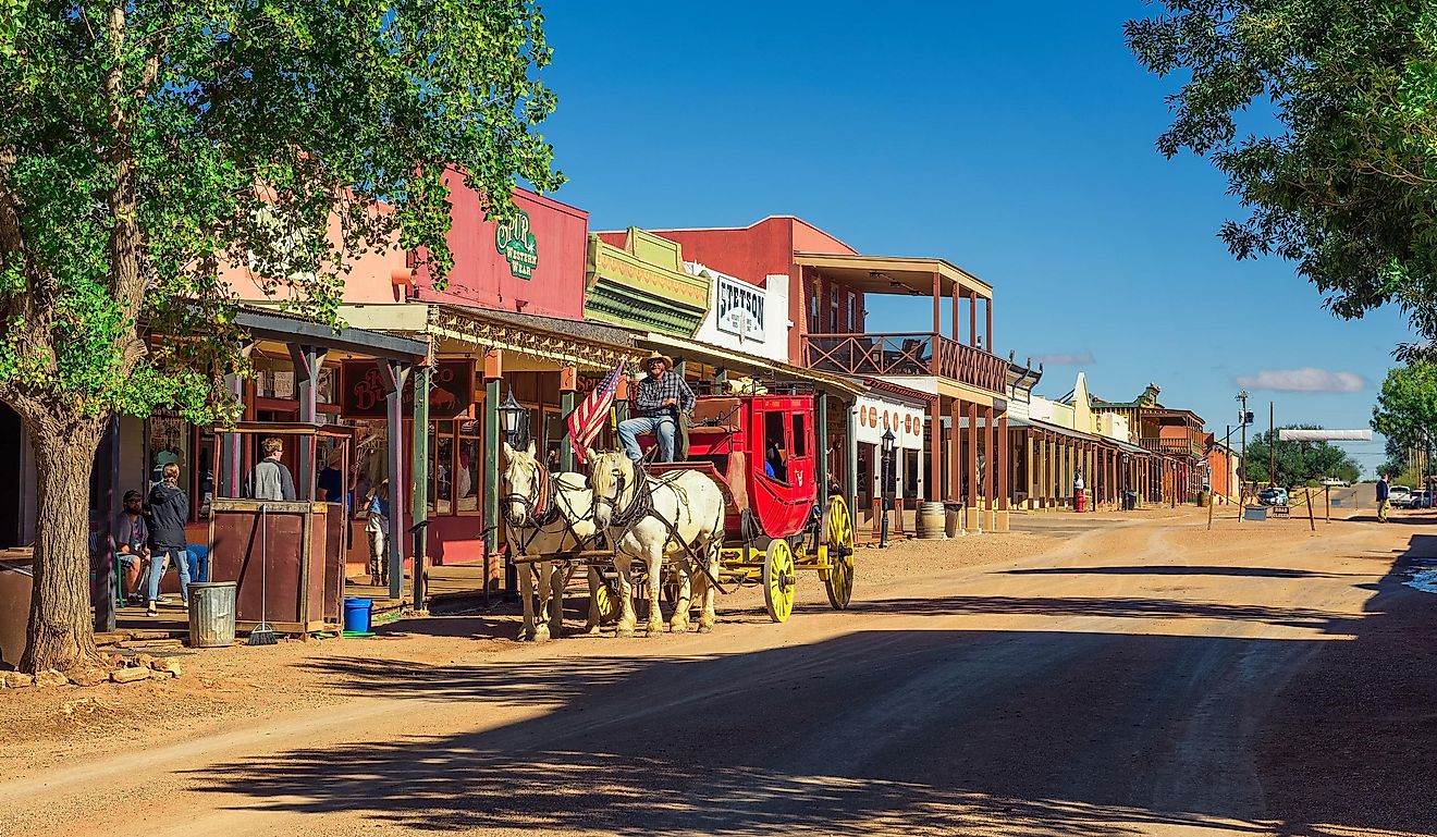 Historic Allen street with a horse drawn stagecoach in Tombstone. Editorial credit: Nick Fox / Shutterstock.com