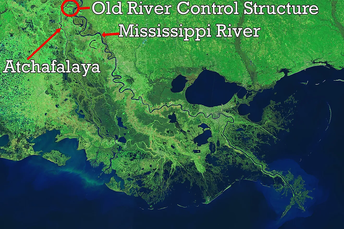 Lay of the Land Between Old River and the Mississippi. This model of the land elevation between the Mississippi, the Atchafalaya, and the Old Ri Elements of this image furnished by NASA.
