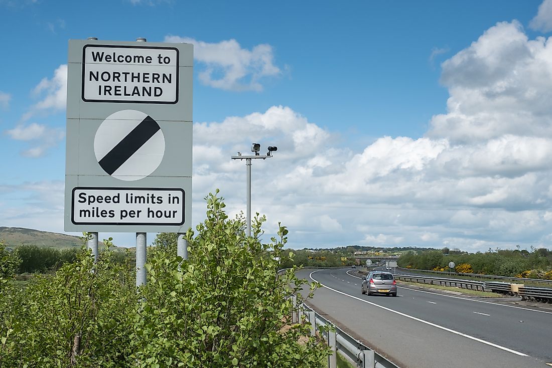 A sign indicating the boundary between Northern Ireland (UK) and Ireland. Editorial credit: Remizov / Shutterstock.com