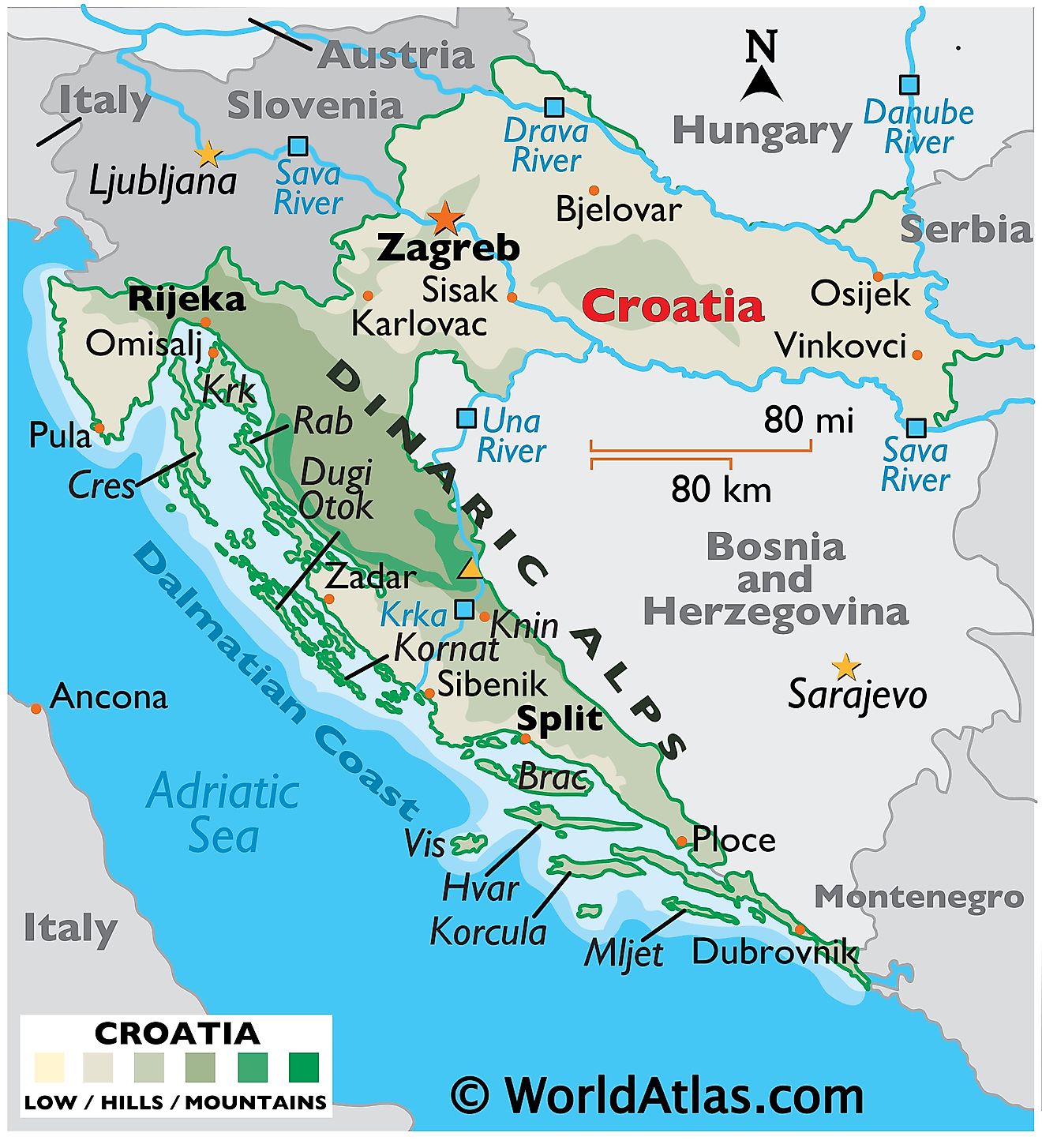 Mapa físico de Croacia que muestra el terreno, cadenas montañosas, islas, puntos extremos, ríos principales, ciudades importantes, fronteras internacionales, etc.