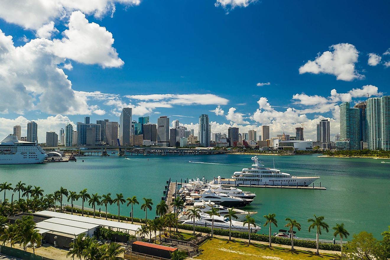 Aerial scenic image of downtown Miami and Island Gardens Marina. 