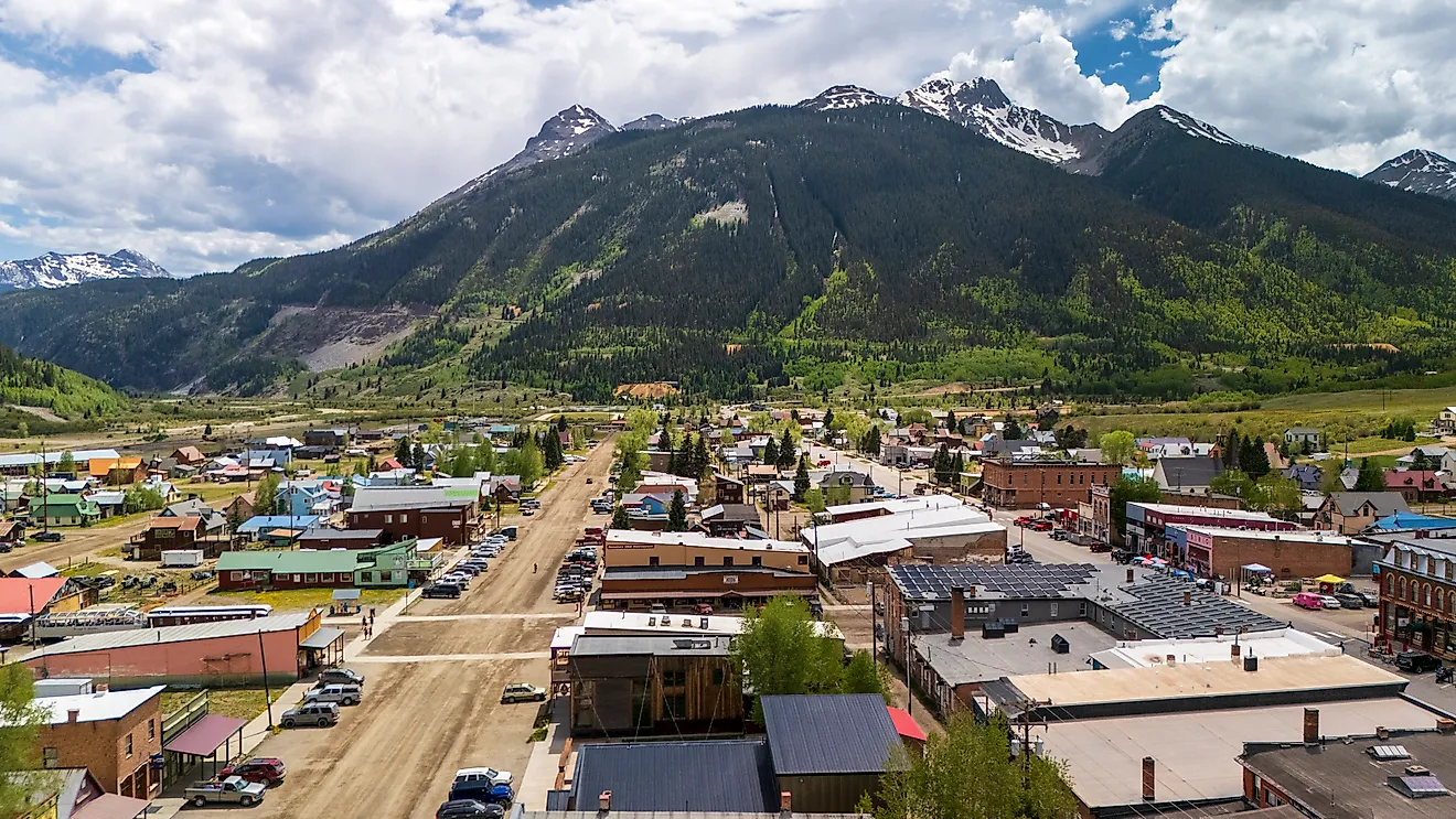 Aerial view of downtown Silverton in San Juan County, Colorado