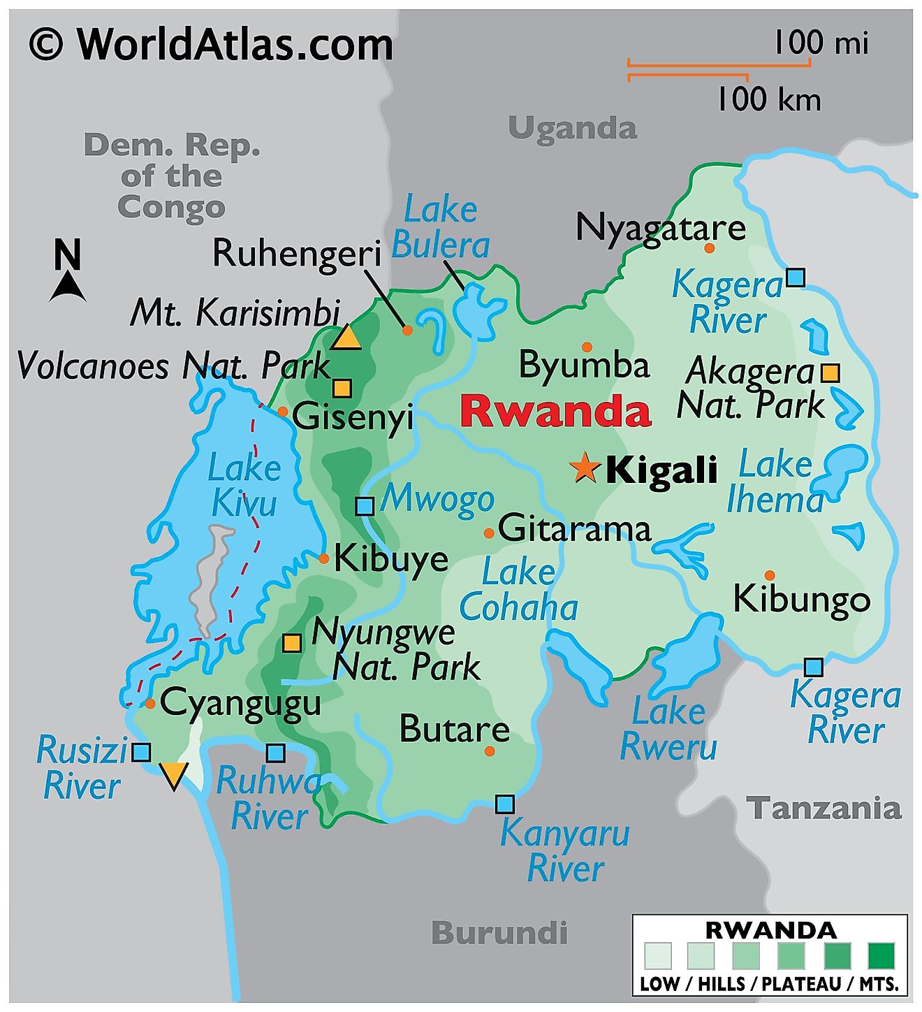 Mapa físico de Ruanda con límites estatales. Muestra las características físicas de Ruanda, incluido el terreno, los ríos principales, las montañas, los lagos, las ciudades y las áreas protegidas.