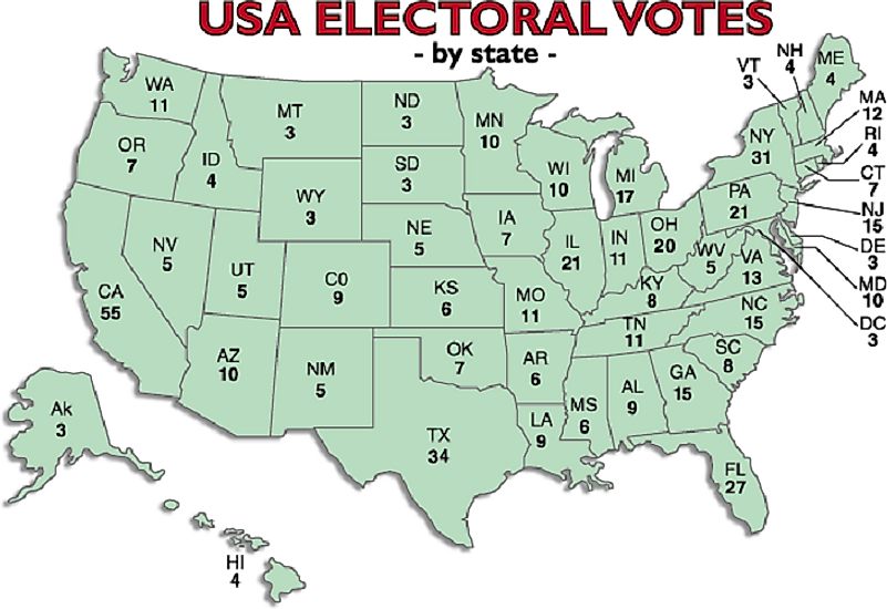 A map of U.S. Electoral College Votes by state.