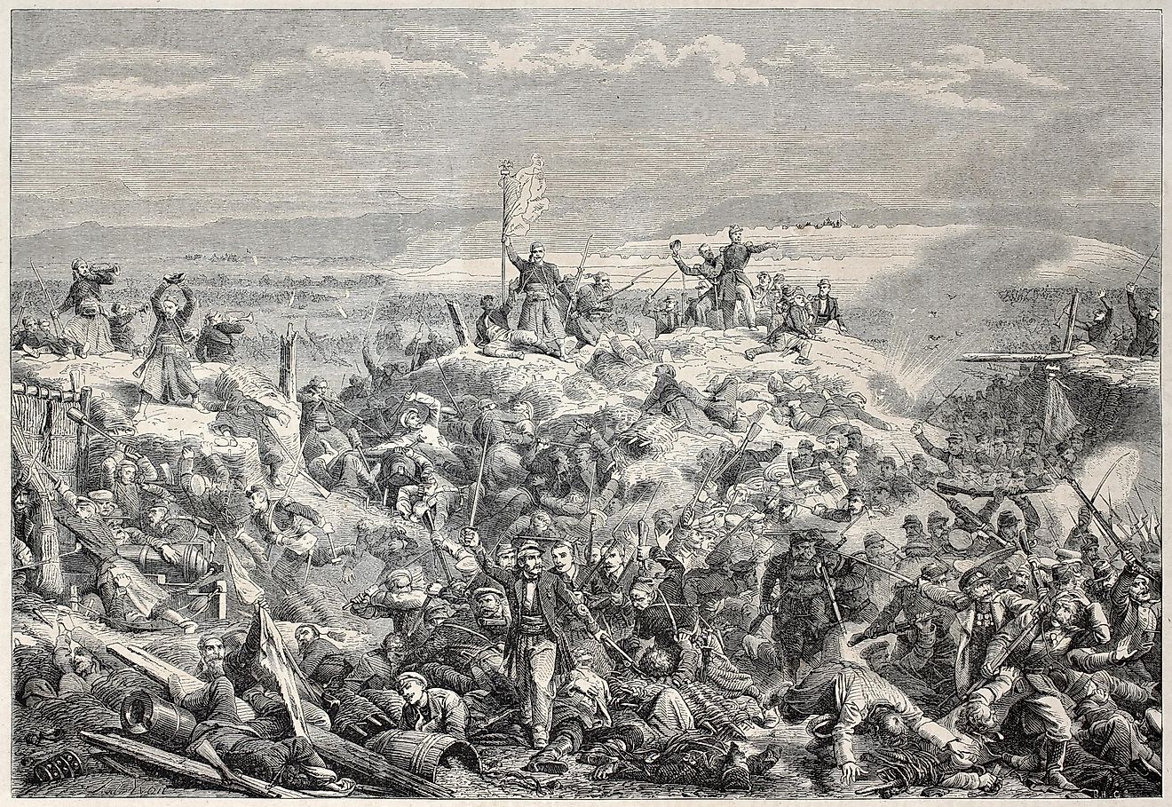 Old illustration of the taking of Malakoff by French army during Crimean war