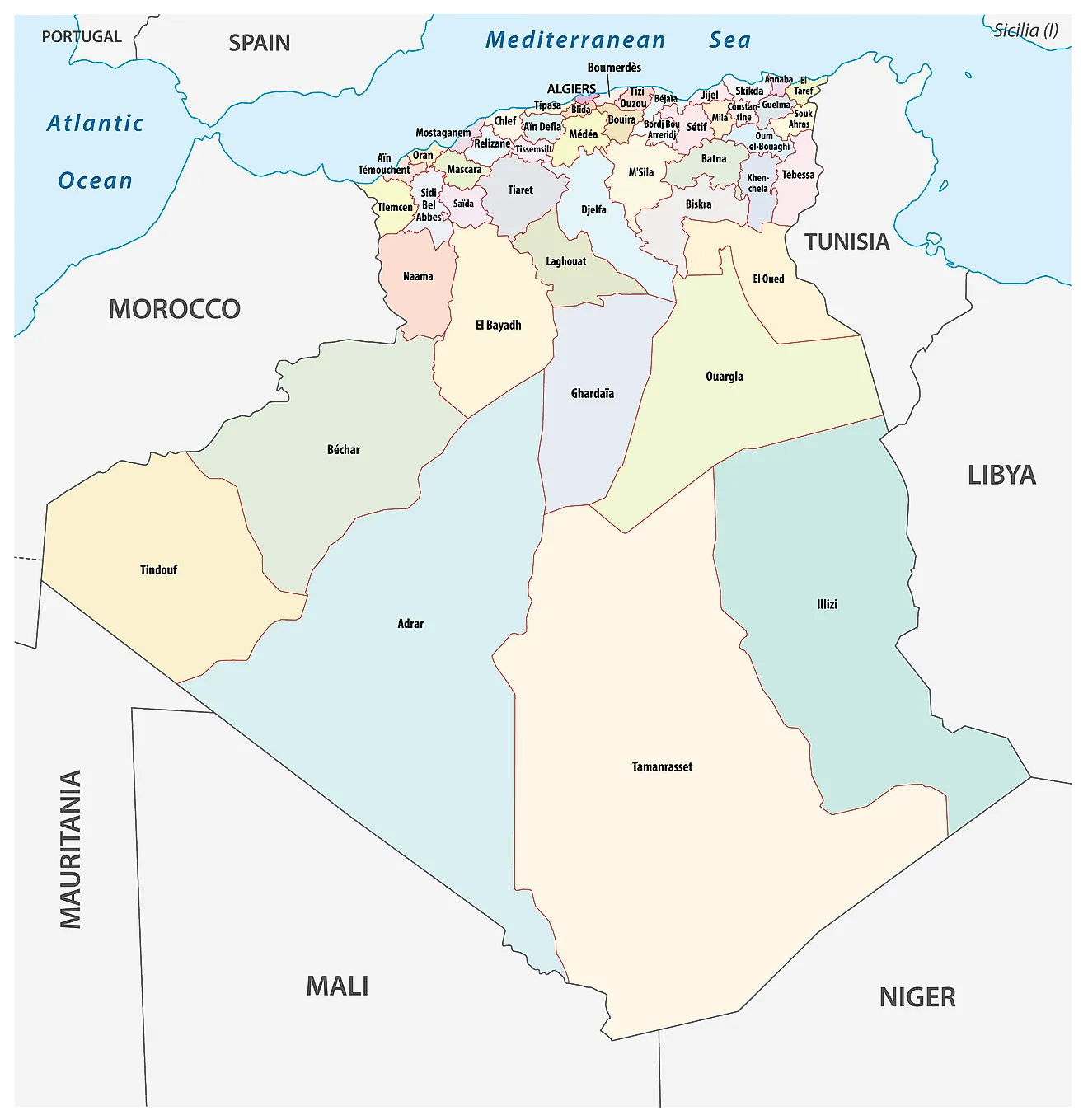 Political map of Algeria showing 58 provinces.