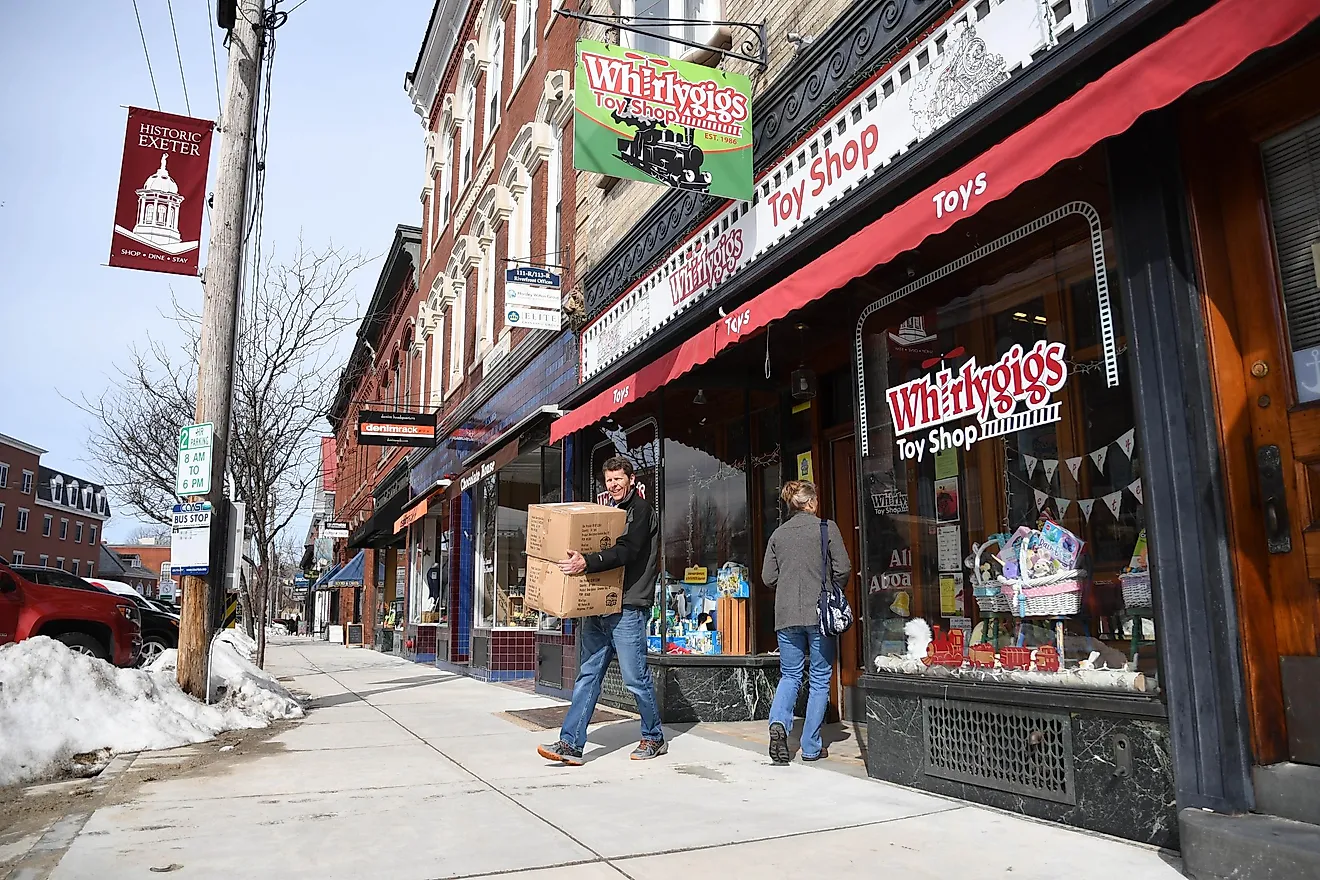 Downtown Exeter enjoys foot traffic, even on its colder days. Editorial credit: Andrew Cline / Shutterstock.com