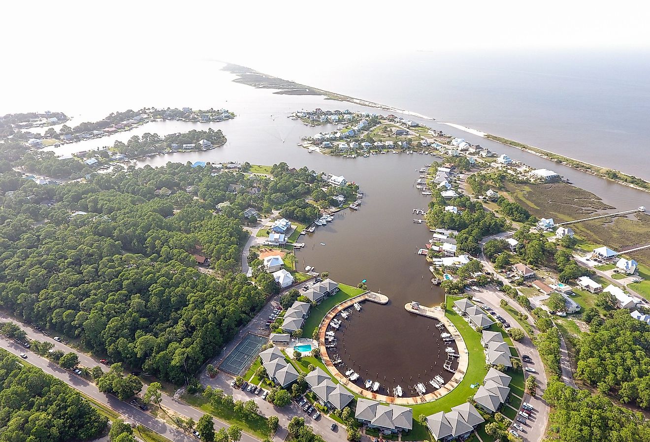 Aerial view of Dauphin Island, Alabama Gulf Coast.