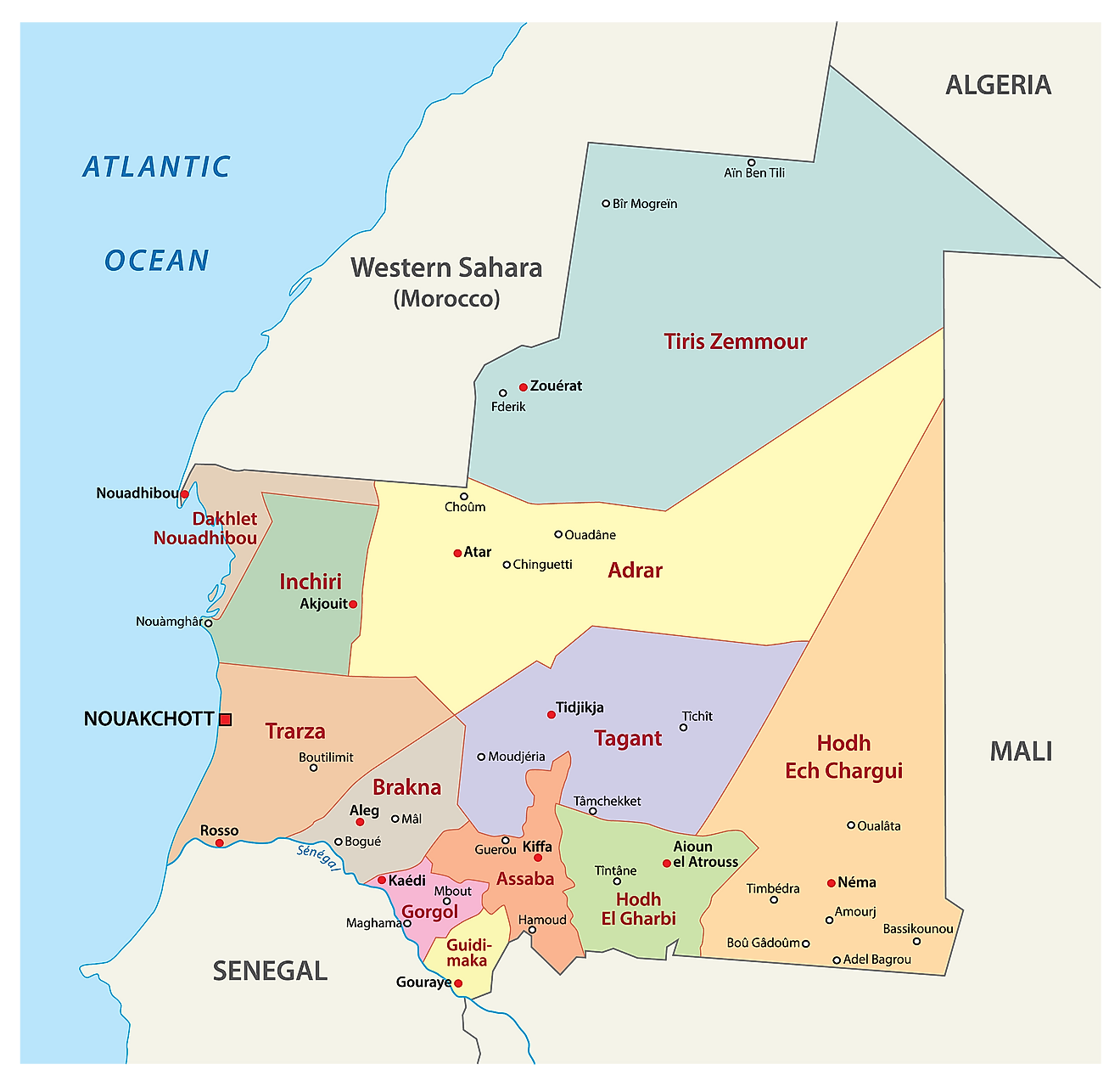 Political map of Mauritania showing the twelve regions, their capitals, and the national capital area, Nouakchott.