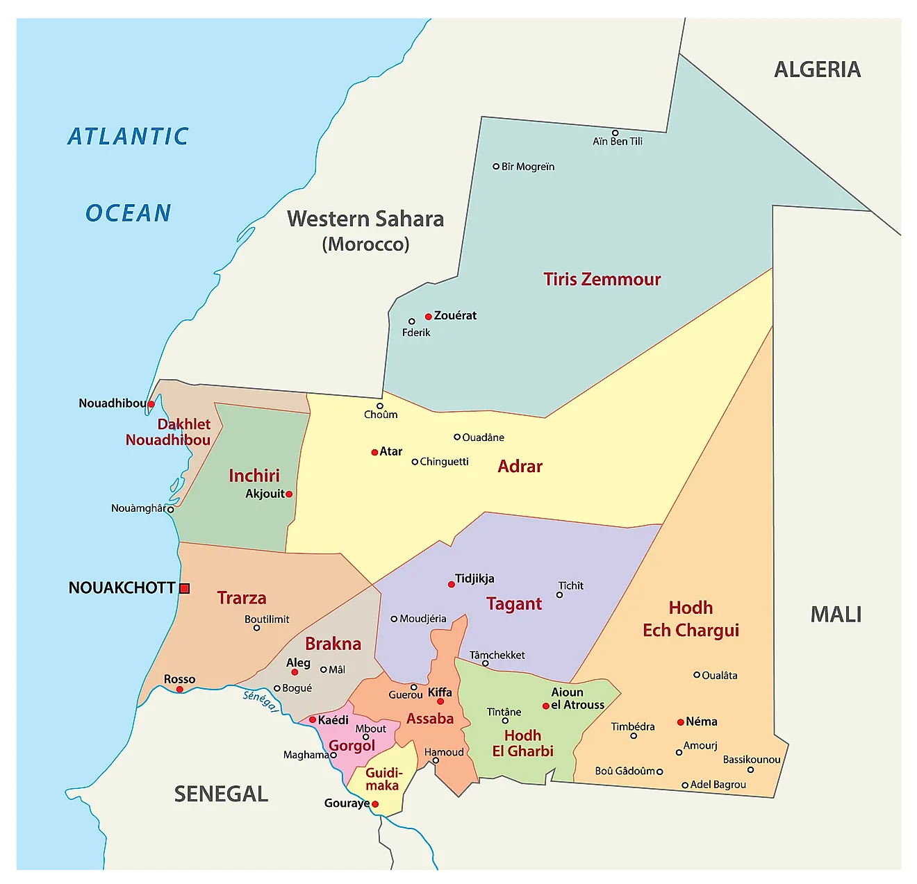 Political Map of Mauritania displaying the 12 regions, their capitals, and the national capital district of Nouakchott.