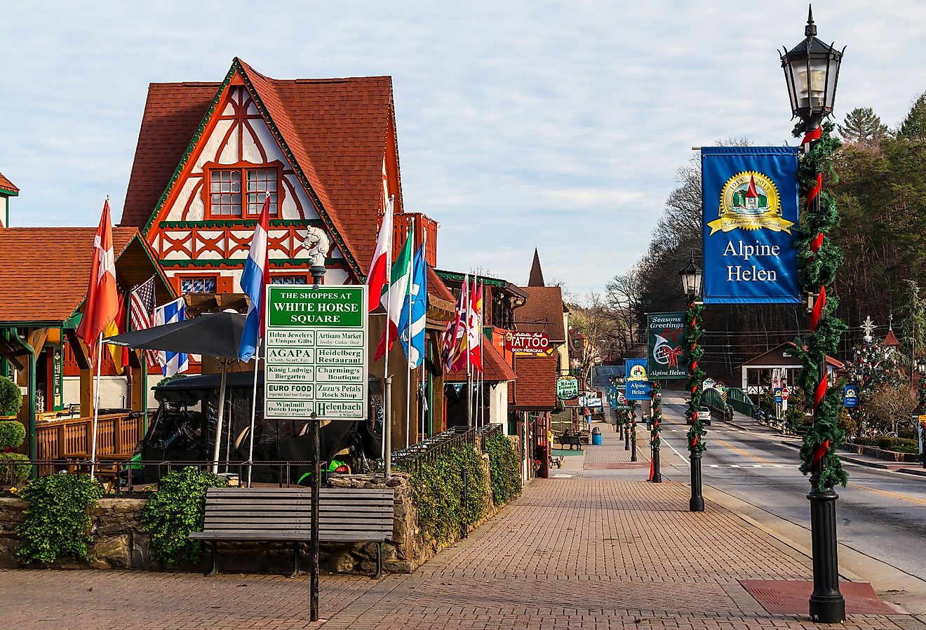 View of the Main street and the White Horse Square with Christmas decorations in Helen, Georgia.