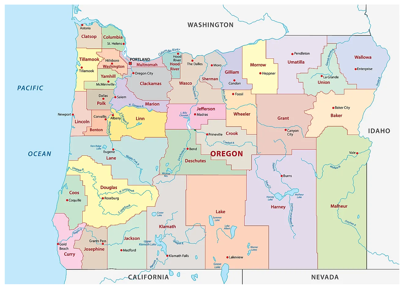 Mapa administrativo de Oregón que muestra sus 36 condados y la ciudad capital - Salem