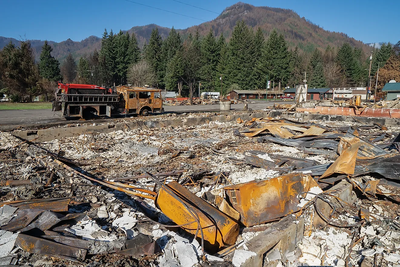 A home and fire engine in the city of Detroit Oregon, Willamette National Forest, were destroyed by the Beachie Creek Wildfire.
