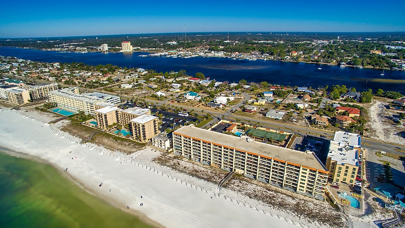 Aerial view of Fort Walton along the coast in Florida.
