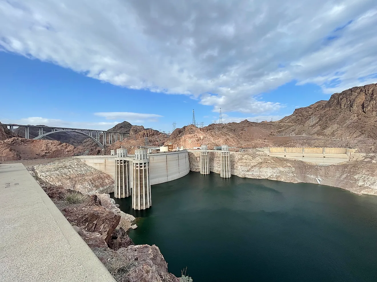 Hoover Dam Intake Towers and Lake Mead Bathtub Ring in Nevada and Arizona