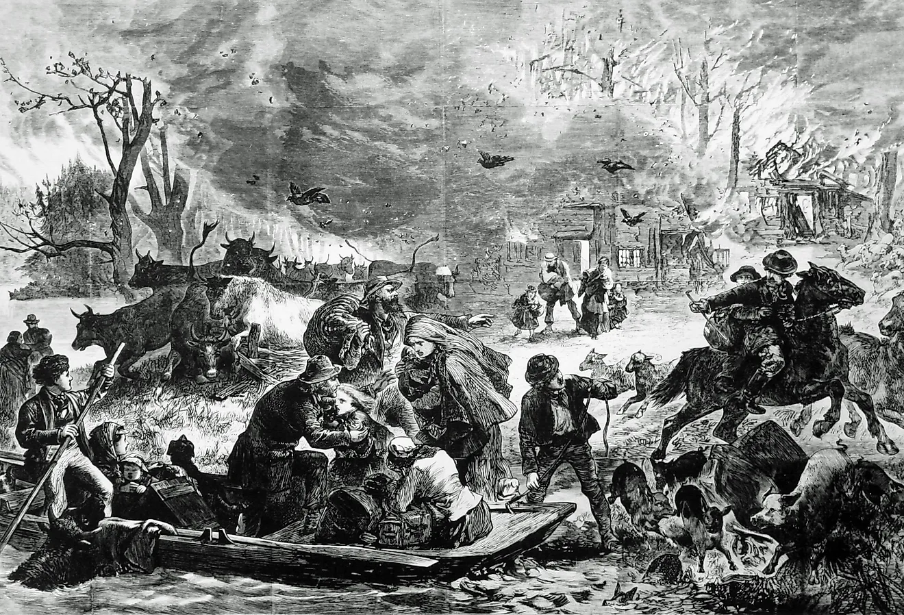 Illustration of the Peshtigo Fire in Wisconsin. Image credit U.S. Forest Service- Pacific Northwest Region, Public domain, via Wikimedia Commons