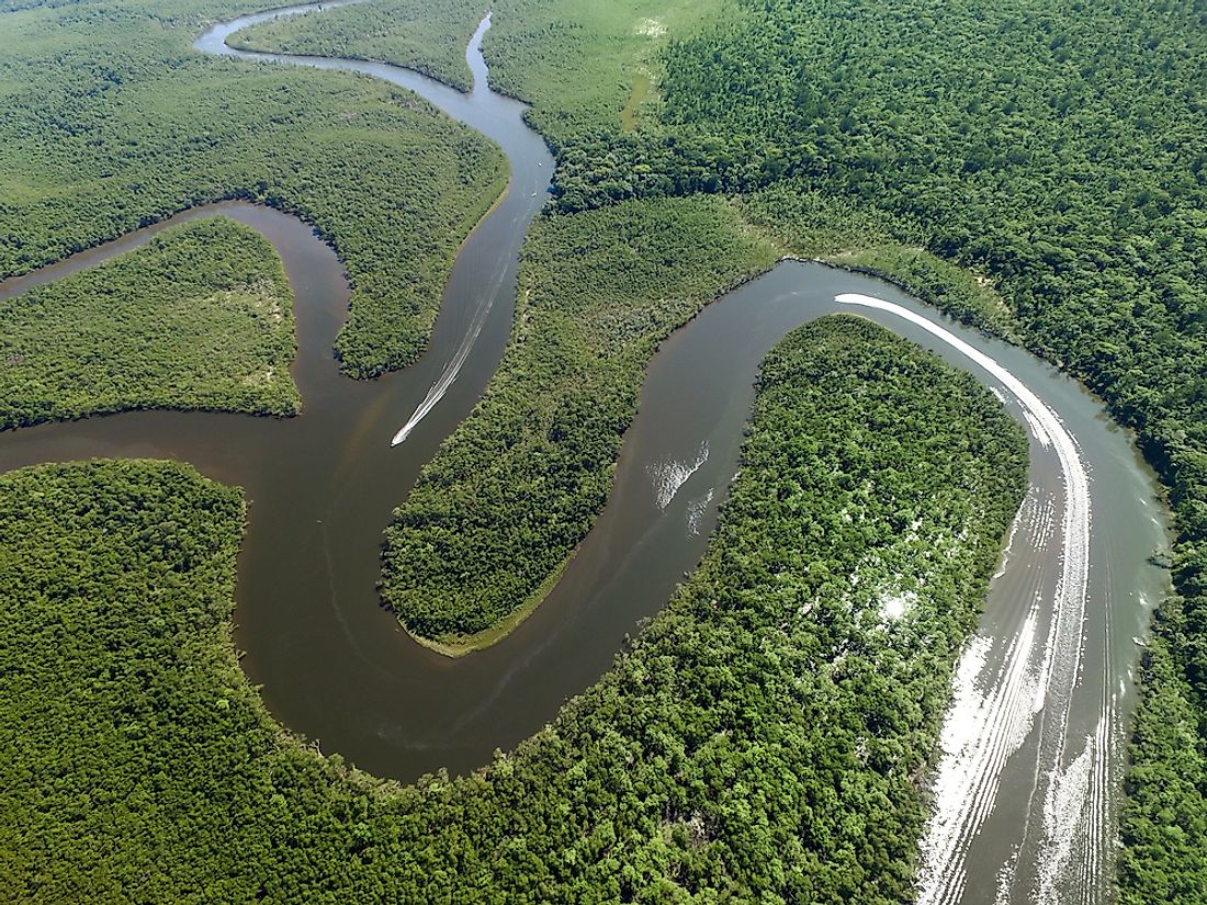 An aerial view of the Amazon River and Amazon Rainforest. 
