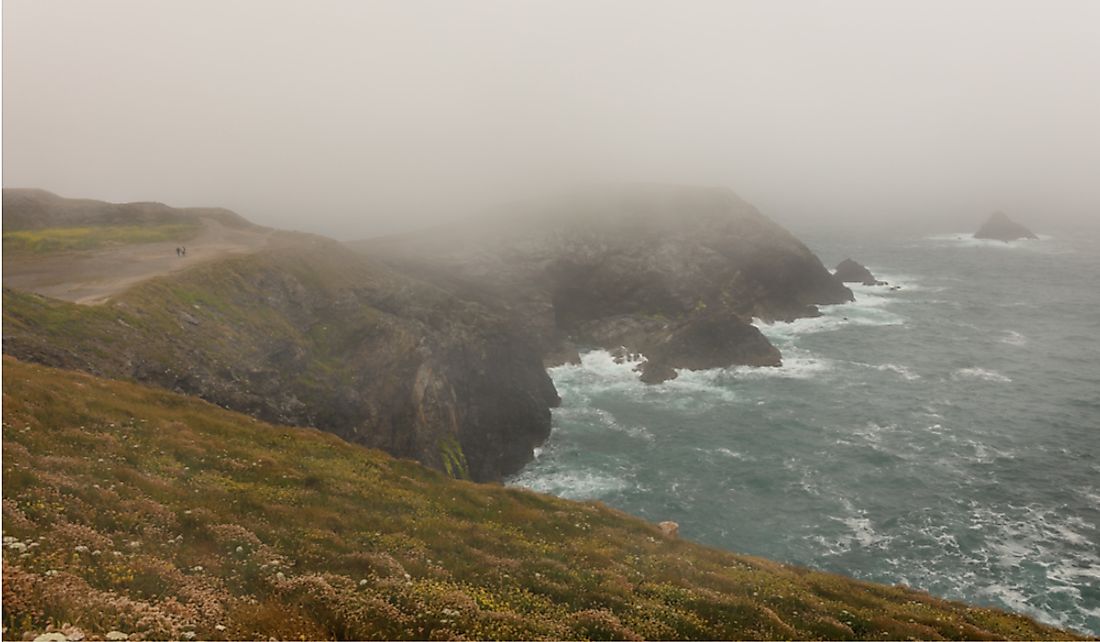 Dense fog rolls over the coastal cliffs in South England. 