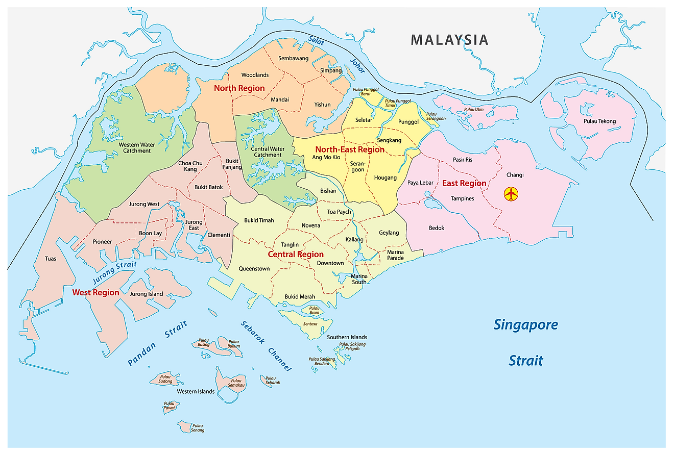 Mapa Político de Singapur que muestra los 5 Consejos de Desarrollo Comunitario.