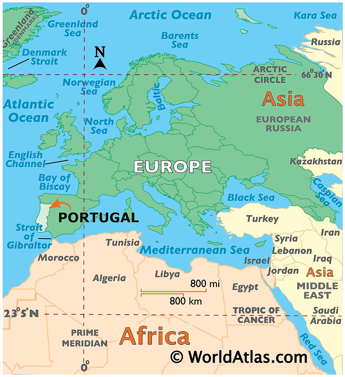 Map showing location of Portugal in the world.