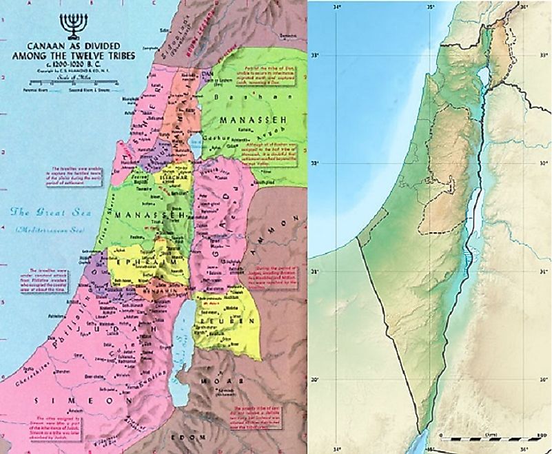The 12 Tribes' respective territorial claims in Biblical times (left) relative to the geographic map of Israel today (right).