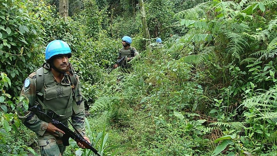 Indian members of United Nations Peacekeeping forces patrol the jungles in the Democratic Republic of the Congo.