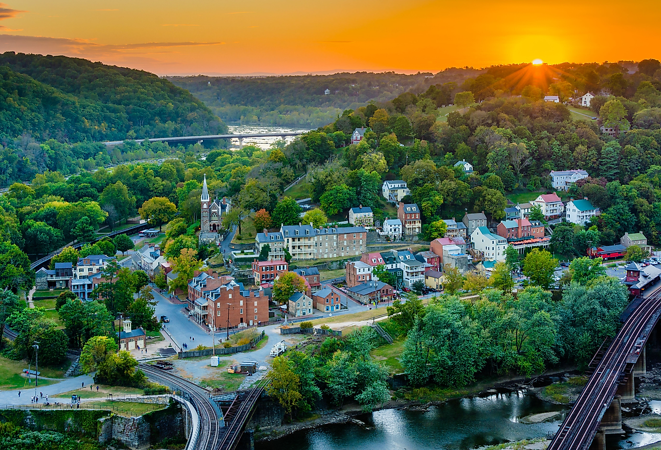 A sunset view from Maryland Heights, overlooking Harpers Ferry, West Virginia.