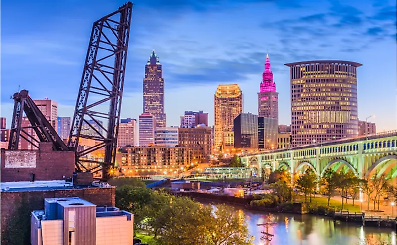 Cleveland, Ohio, USA downtown skyline on the river.