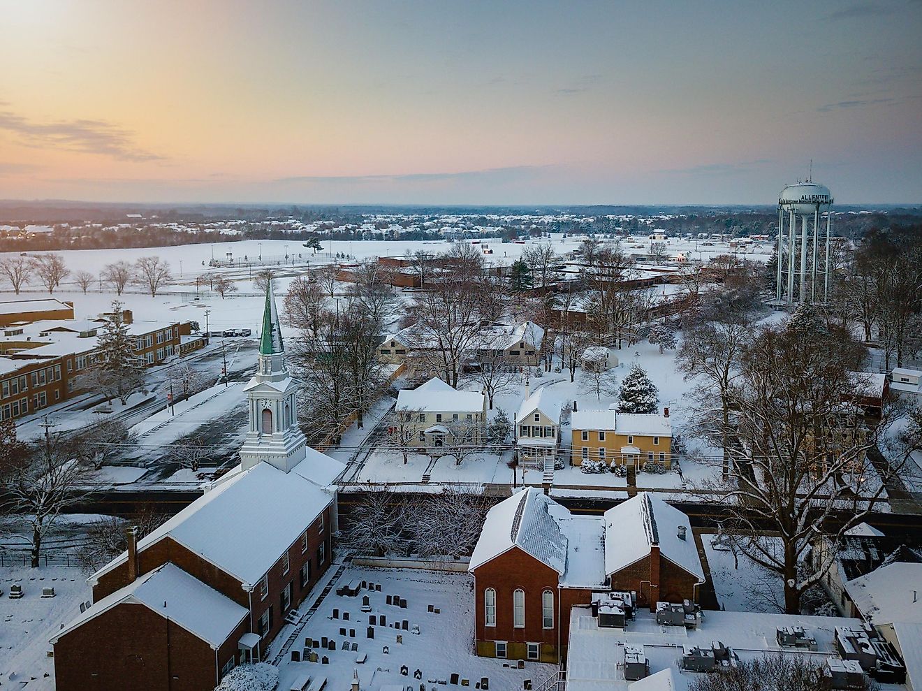 Allentown, New Jersey, with snow covered roofs. 