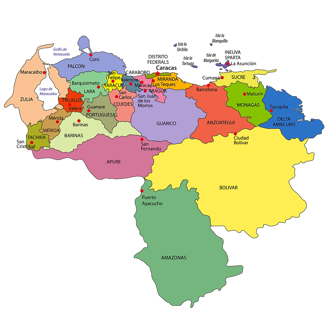 Mapa Político de Venezuela mostrando sus 23 estados, 1 distrito capital y las Dependencias Federales y la ciudad capital - Caracas