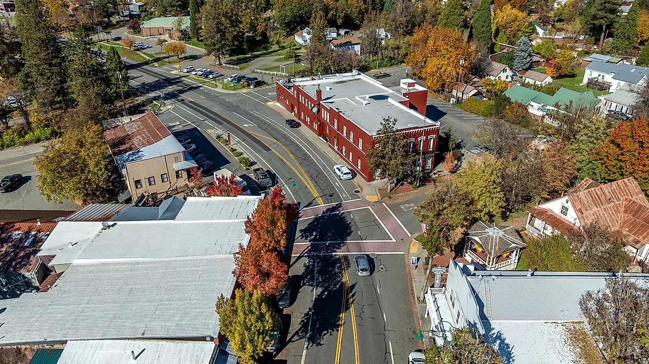 High angle view of downtown Weaverville, California.