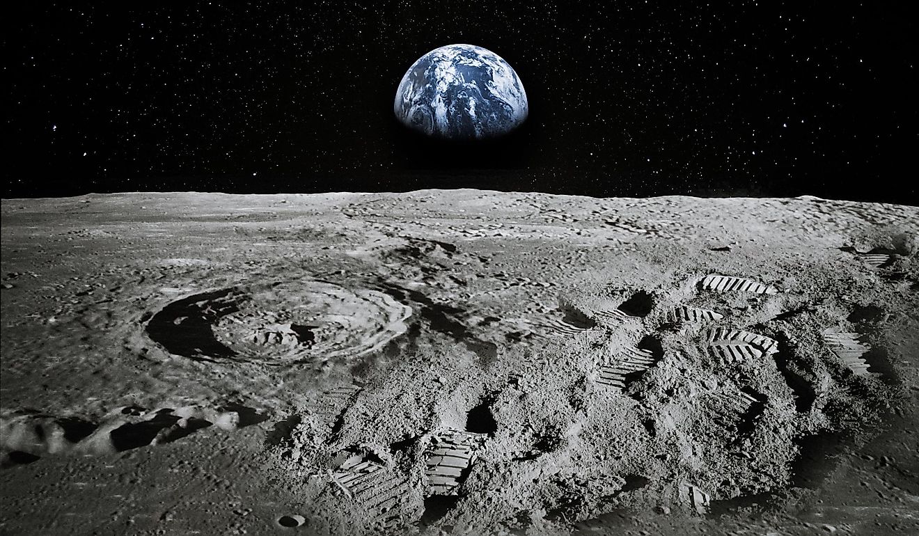 View of Moon limb with Earth rising on the horizon. Footprints as an evidence of people being there or great forgery. Collage. Elements of this image furnished by NASA.