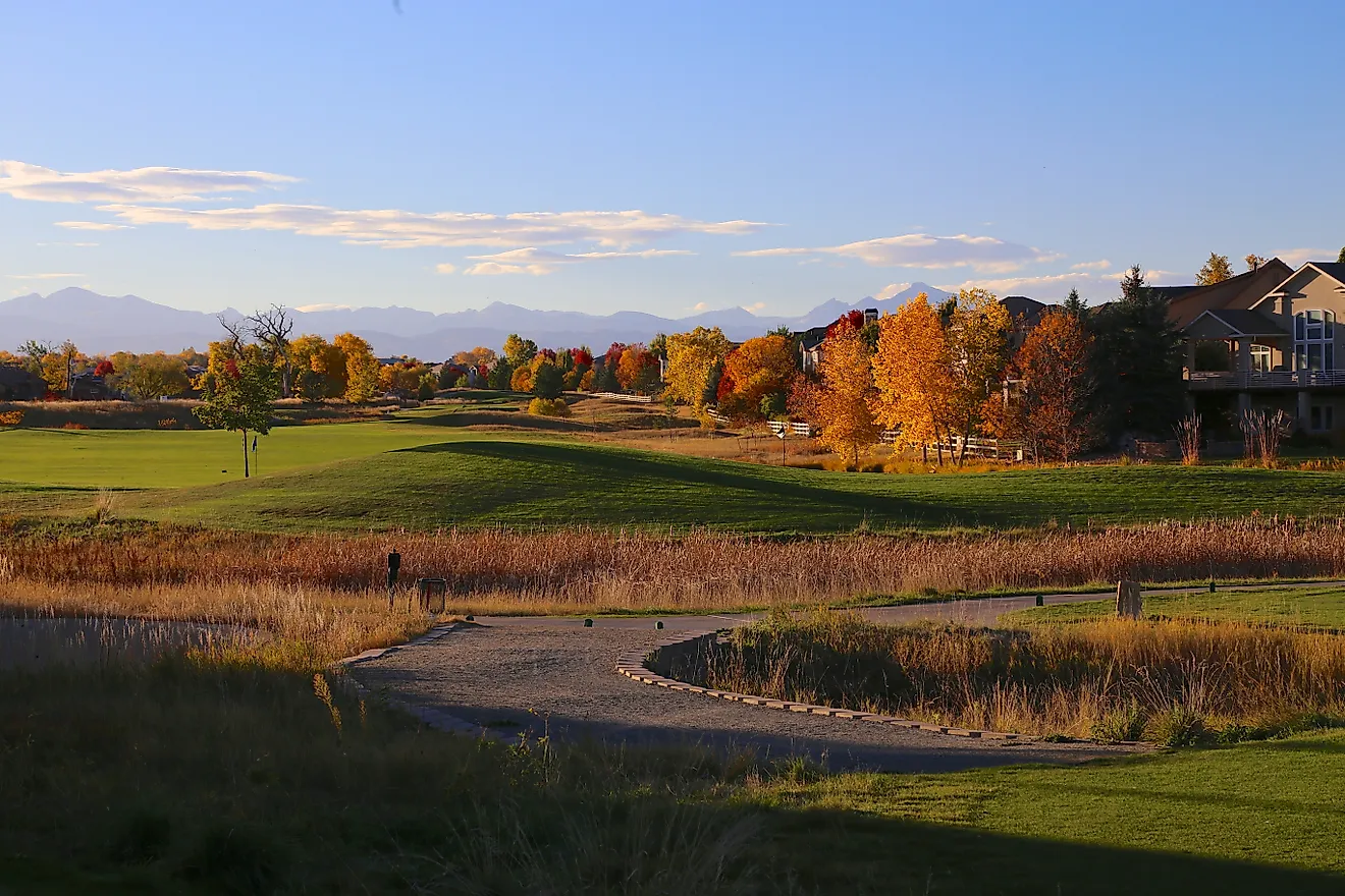 Golf course in the autumn in Broomfield, Colorado with colorful trees